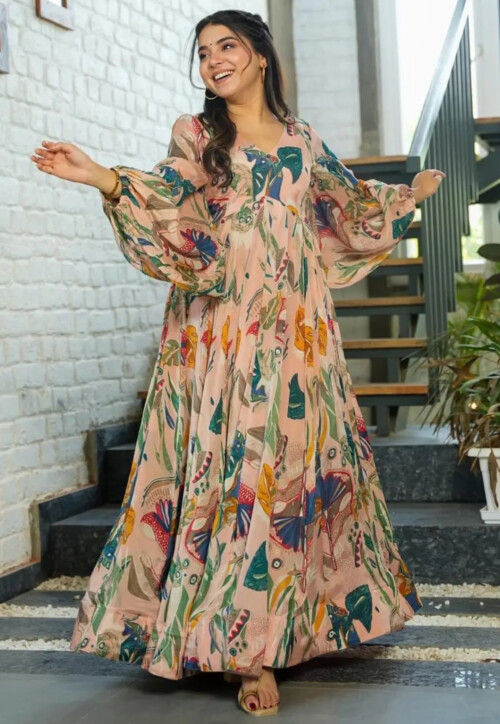 Buy Digital Printed Chinon Chiffon Gown in Peach Online : TQH57 - Utsav  Fashion