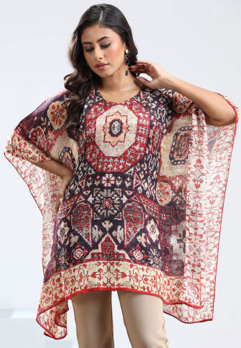 Digital Printed Chinon Chiffon Kaftan in Multicolor