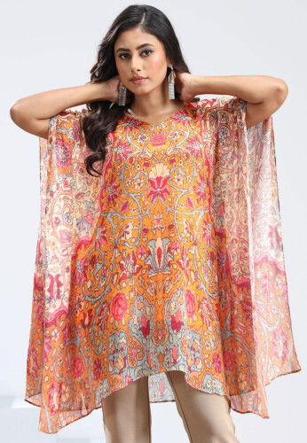 Digital Printed Chinon Chiffon Kaftan in Orange