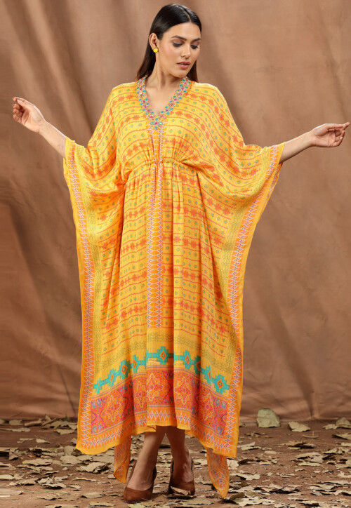 Embellished neckline long Yellow color Animal Print kaftan on sale | Women  silk dress, Long caftan dress, African fashion dresses