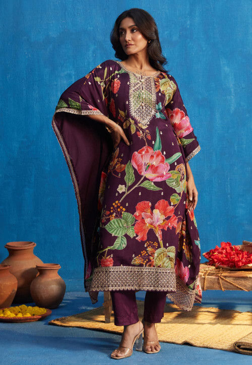 Digital Printed Chinon Chiffon Kaftan Set in Violet