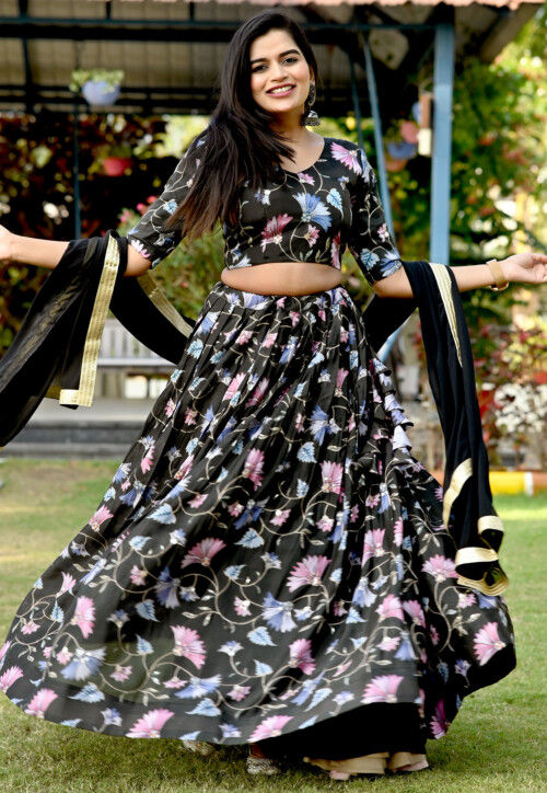 Buy Satin Silk Fabric Sangeet Wear Black Color Printed Lehenga online from  SareesBazaar IN at lowest prices