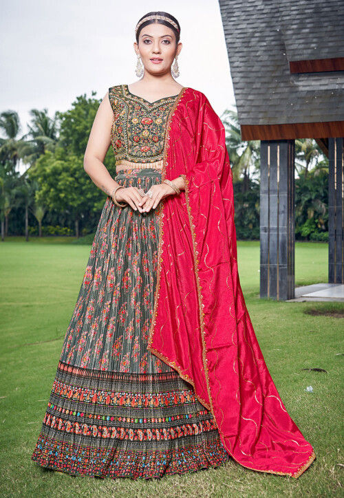 Digital Printed Chinon Chiffon Lehenga in Grey