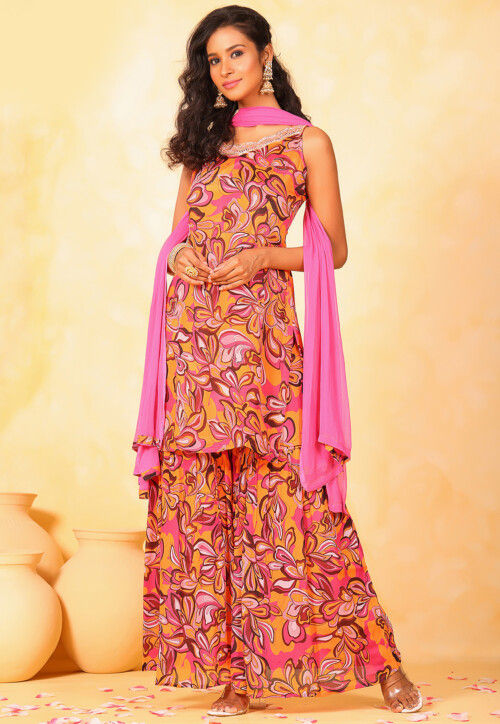 Digital Printed Chinon Chiffon Pakistani Suit in Pink and Yellow