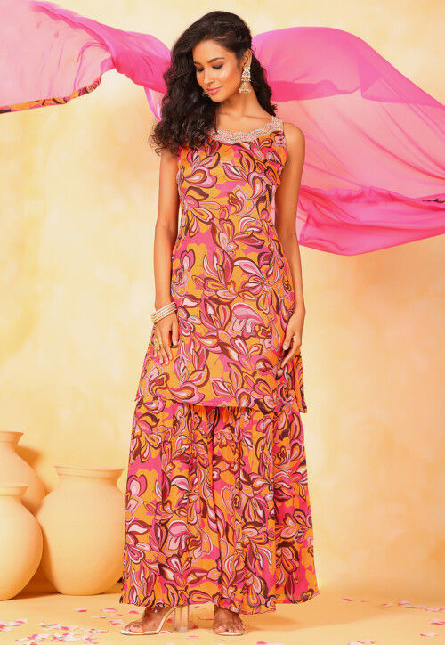 Digital Printed Chinon Chiffon Pakistani Suit in Pink and Yellow