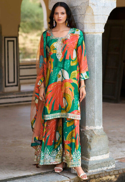 Digital Printed Chinon Chiffon Pakistani Suit in Teal Green