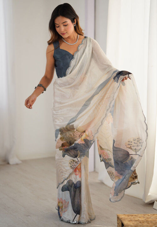 Digital Printed Chinon Chiffon Scalloped Saree in Cream