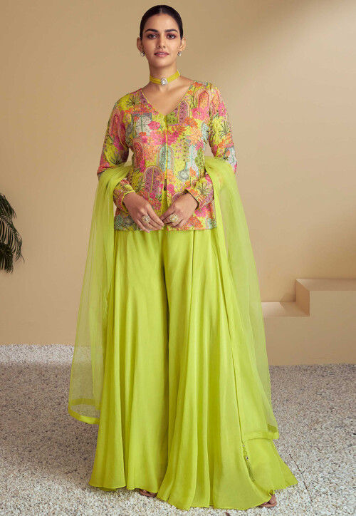 Digital Printed Chinon Chiffon Top Set in Light Green