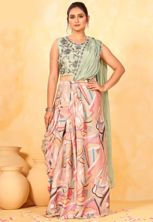 Digital Printed Chinon Crepe Crop Top Set in Pastel Green
