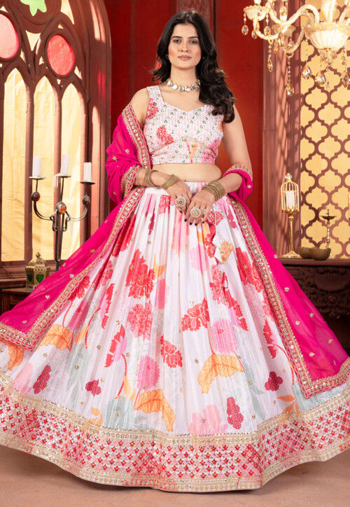 Digital Printed Chinon Crepe Lehenga in White
