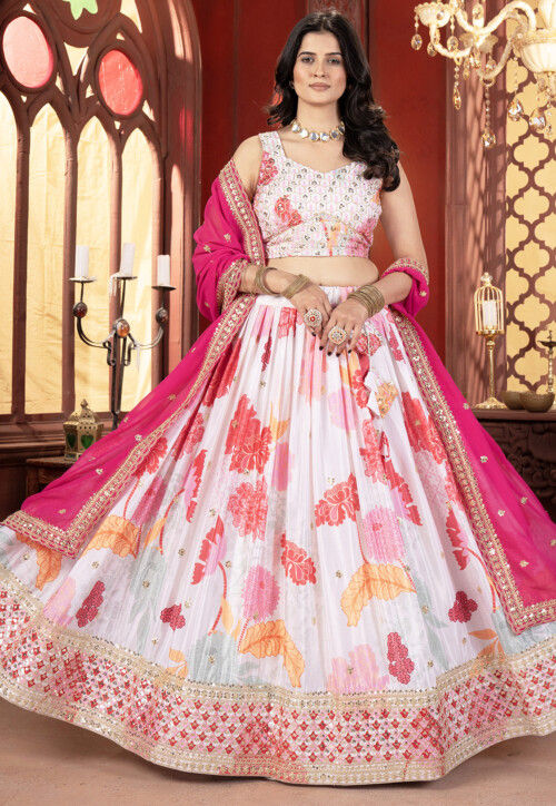 Digital Printed Chinon Silk Lehenga in Off White