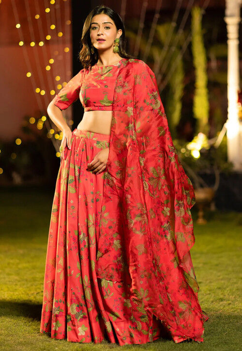 Digital Printed Chinon Silk Lehenga in Red