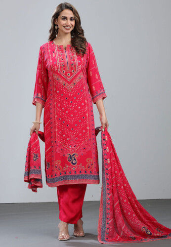 Digital Printed Chinon Silk Pakistani Suit in Fuchsia