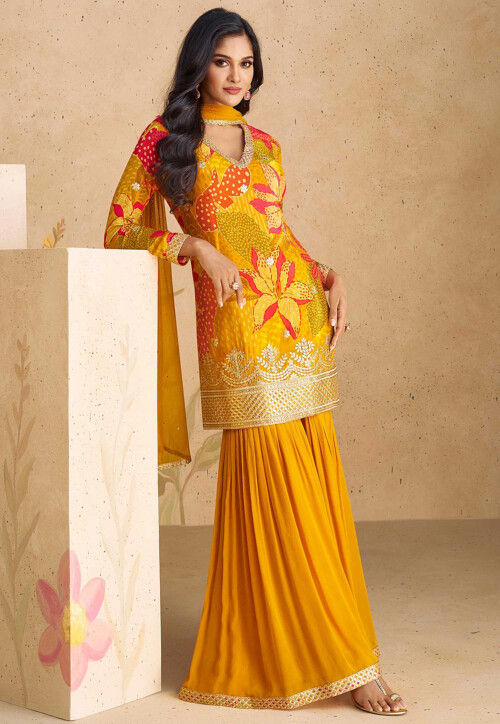 Digital Printed Chinon Silk Pakistani Suit in Mustard