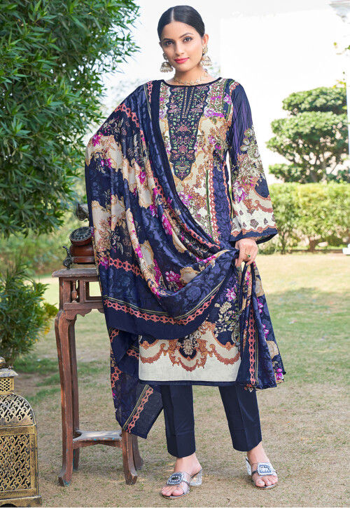 Digital Printed Chinon Silk Pakistani Suit in Navy Blue
