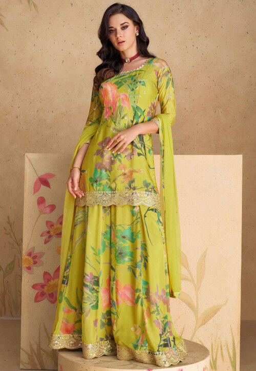 Digital Printed Chinon Silk Pakistani Suit in Olive Green