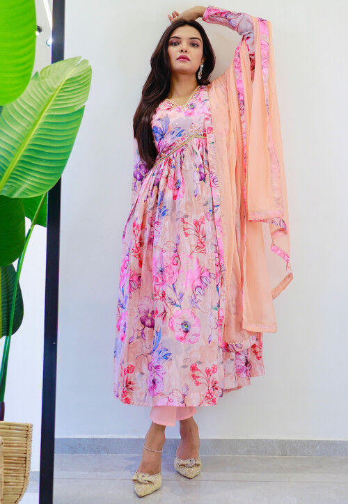 Digital Printed Chinon Silk Pakistani Suit in Peach
