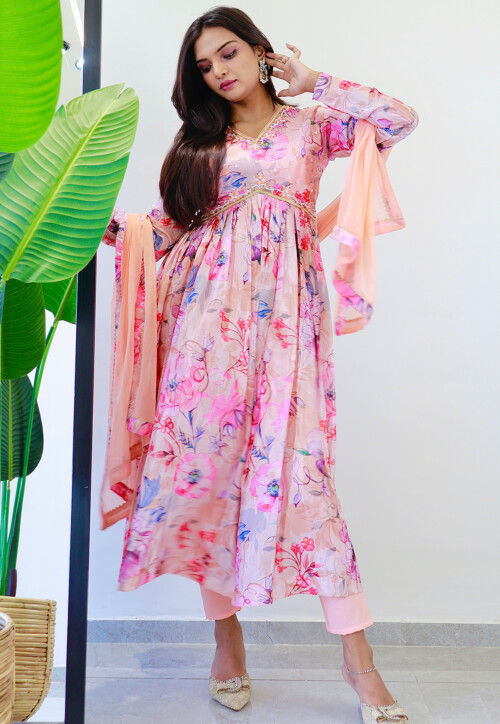 Digital Printed Chinon Silk Pakistani Suit in Peach
