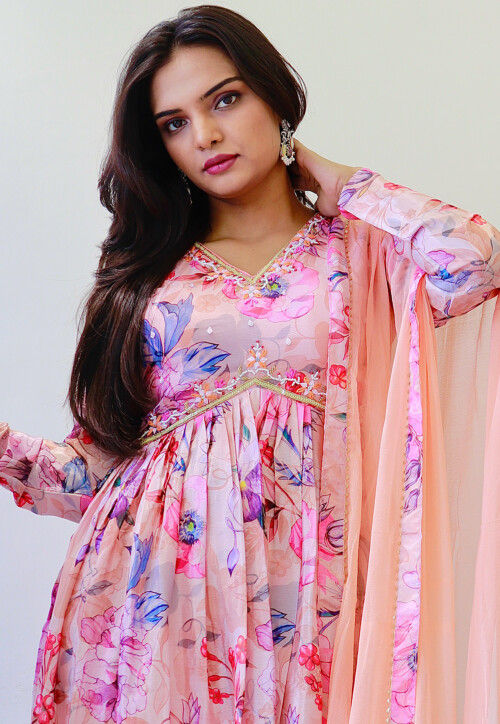 Digital Printed Chinon Silk Pakistani Suit in Peach