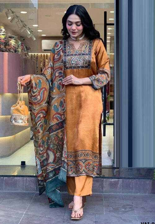 Digital Printed Chinon Silk Pakistani Suit in Rust
