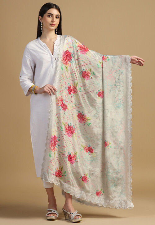 Digital Printed Chinon Silk Scalloped Dupatta in Off White