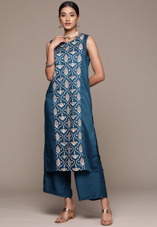 Digital Printed Chinon Silk Straight kurta Set in Teal Blue