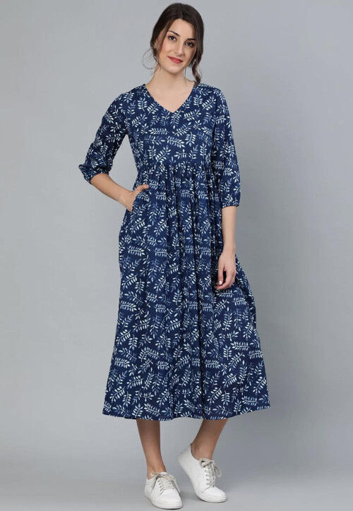 Digital Printed Cotton A Line Dress in Navy Blue : TWJ3834