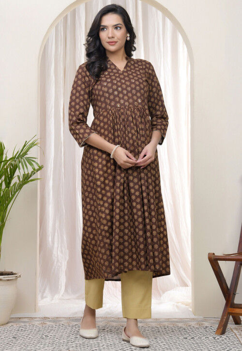Digital Printed Cotton A Line Kurta in Brown