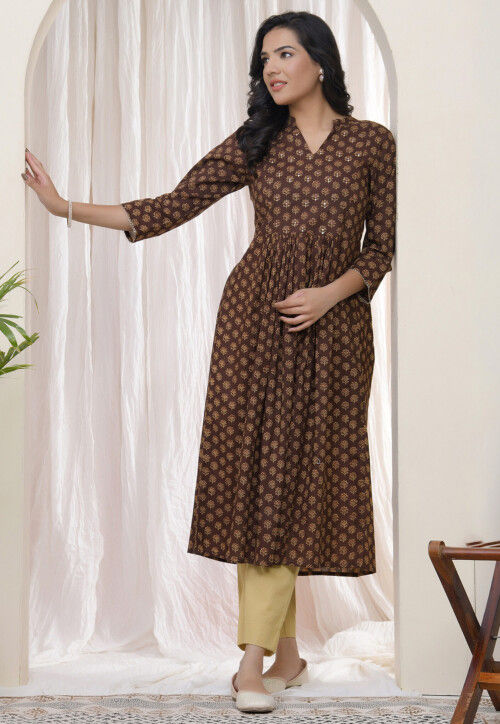 Digital Printed Cotton A Line Kurta in Brown