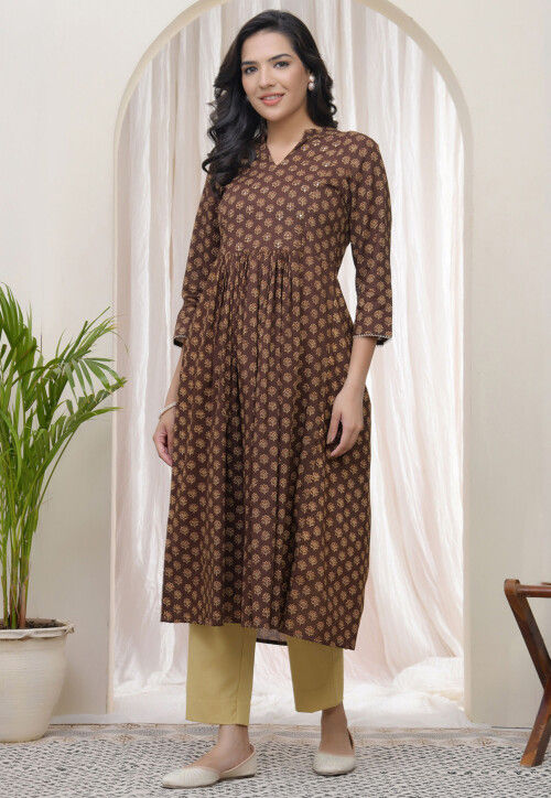 Digital Printed Cotton A Line Kurta in Brown