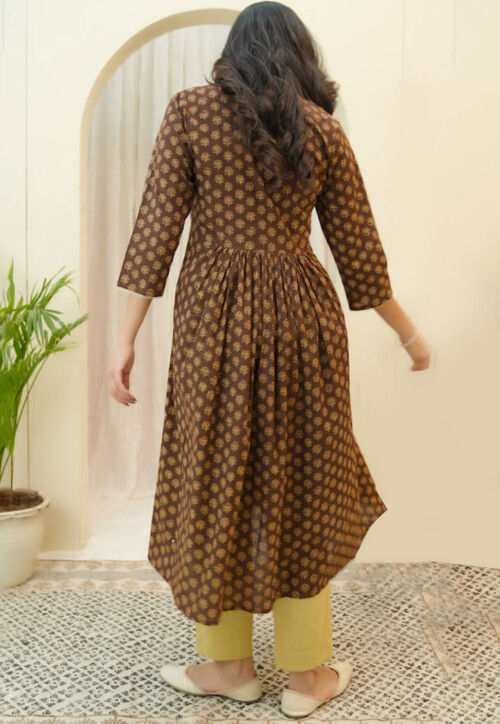 Digital Printed Cotton A Line Kurta in Brown