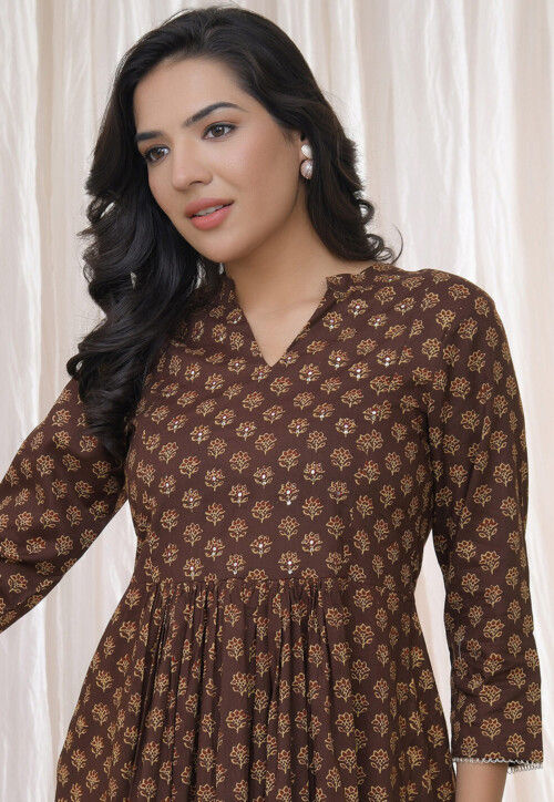 Digital Printed Cotton A Line Kurta in Brown