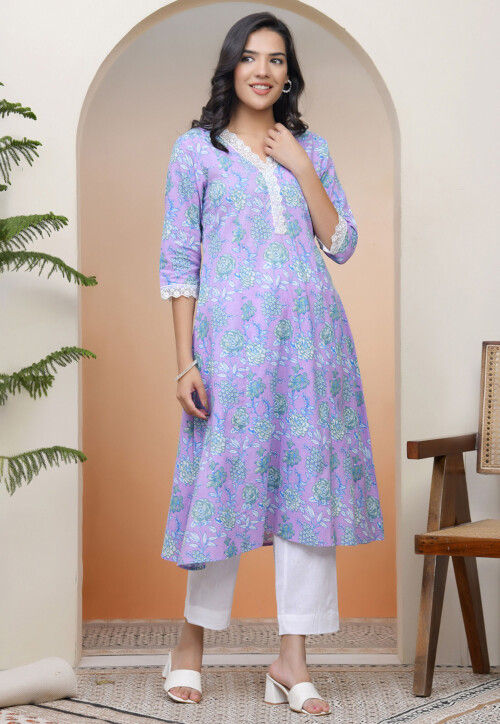 Digital Printed Cotton A Line Kurta in Light Purple
