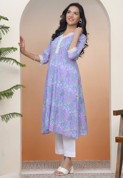 Digital Printed Cotton A Line Kurta in Light Purple