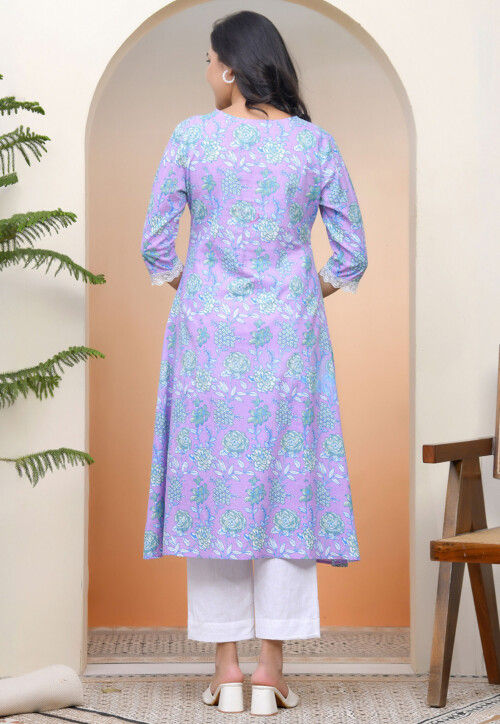 Digital Printed Cotton A Line Kurta in Light Purple