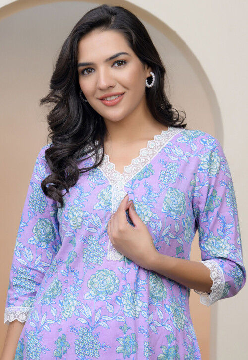 Digital Printed Cotton A Line Kurta in Light Purple