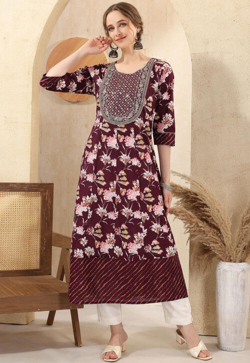 Digital Printed Cotton A Line Kurta in Maroon