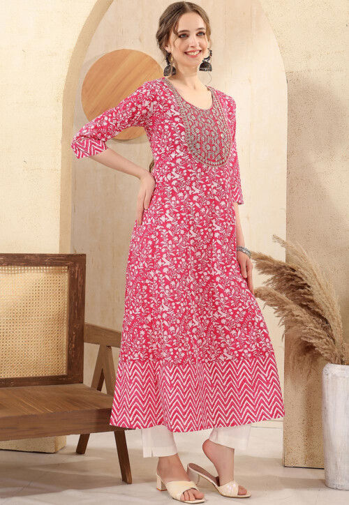 Digital Printed Cotton A Line Kurta in Pink