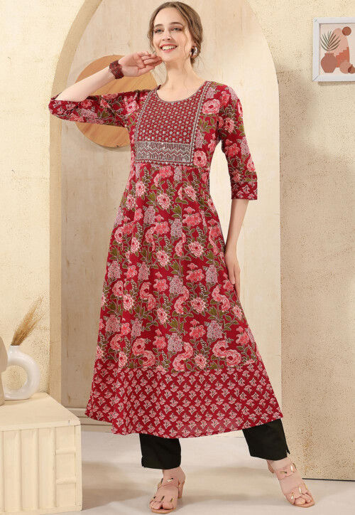 Digital Printed Cotton A Line Kurta in Red
