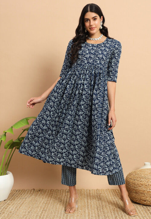 Digital Printed Cotton A Line Kurta Set in Blue