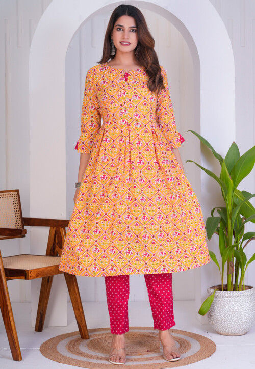 Digital Printed Cotton A Line Kurta Set in Mustard