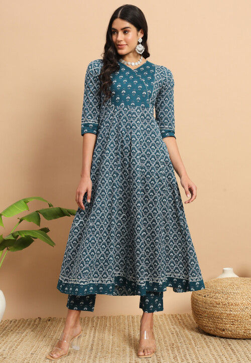 Digital Printed Cotton A Line Kurta Set in Teal Blue
