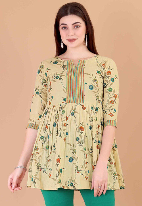 Digital Printed Cotton A Line Kurti in Beige