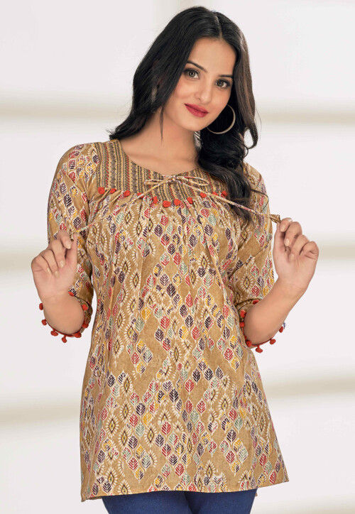 Digital Printed Cotton A Line Kurti in Beige