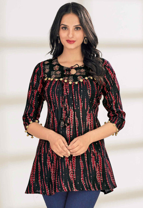 Plus Size Black Printed Cotton A-Line Kurti