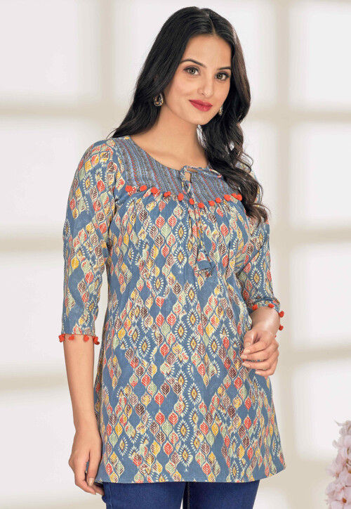 Digital Printed Cotton A Line Kurti in Dusty Blue