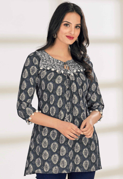 Digital Printed Cotton A Line Kurti in Grey