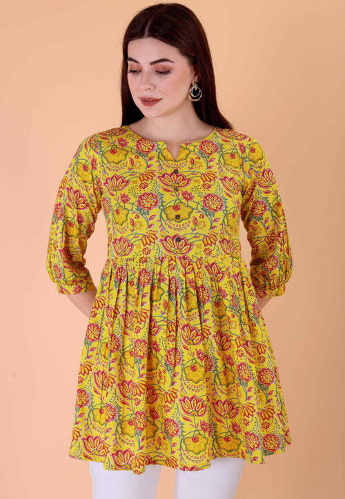 Digital Printed Cotton A Line Kurti in Mustard