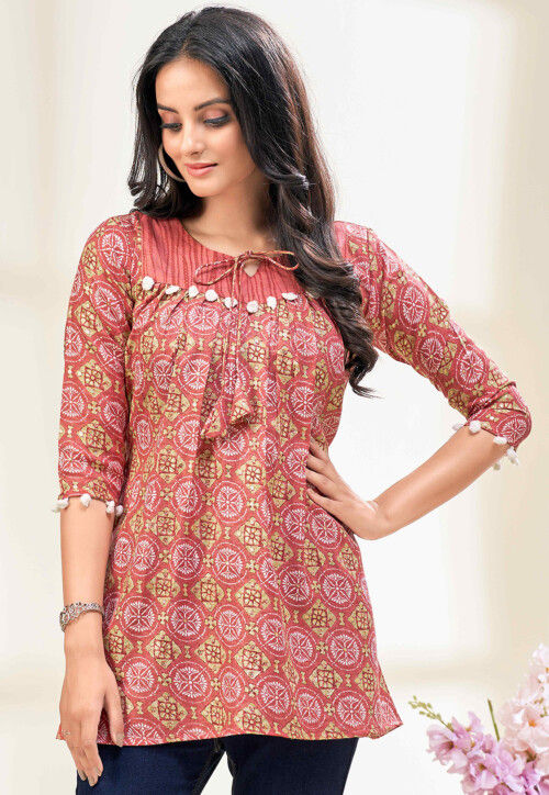 Digital Printed Cotton A Line Kurti in Rust