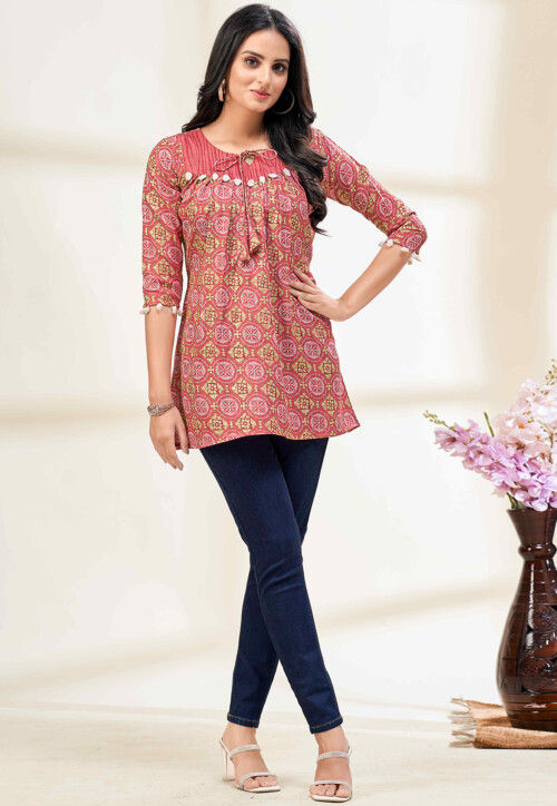 Digital Printed Cotton A Line Kurti in Rust